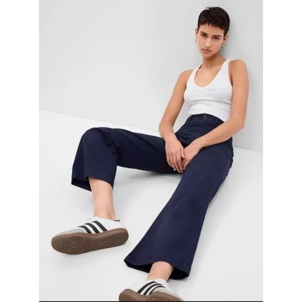 New Gap Size 14‎ Tall Pants Cropped Wide Leg High Rise Stride Navy Chinos Preppy